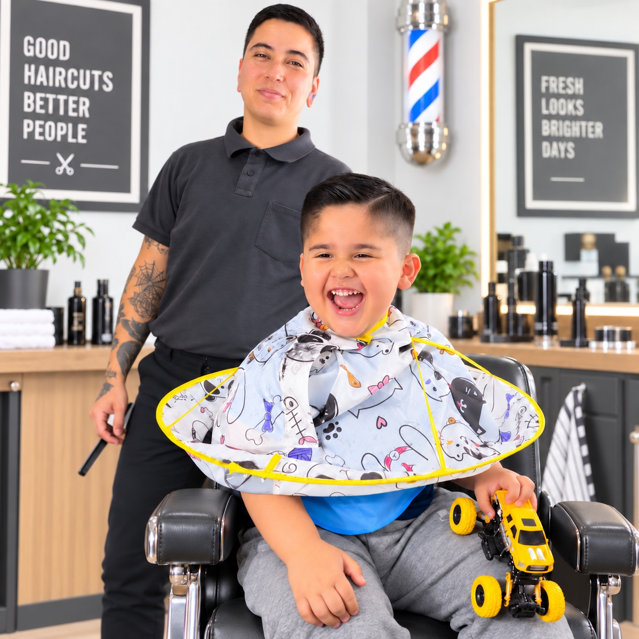 Barbero atendiendo a un niño en Laurentino